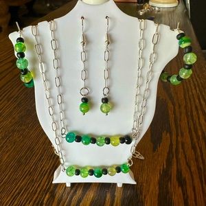 Handcrafted 4 piece set Dragons vein agate necklace, bracelet,  and 2 earrings.